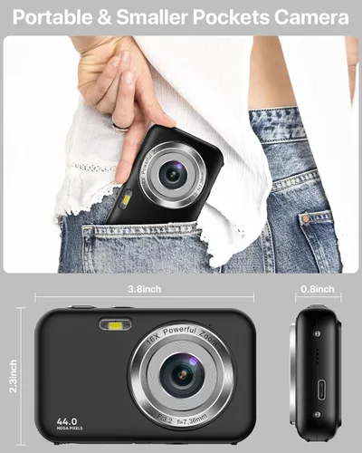 Vista 5 de Cámara digital, cámara para niños con tarjeta de 32 GB, FHD 1080P 44MP cámara de vlogging, cámara digital de zoom de 16X y disparo, cámaras Negro