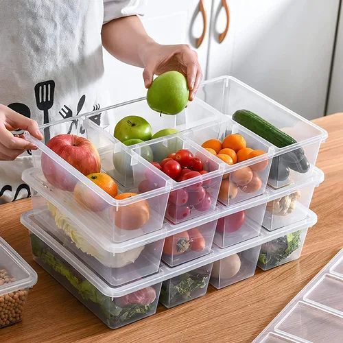 Vista 4 de Paquete de 2 bandejas para verduras con tapa, 5 compartimentos, contenedor de alimentos con divisores, bandeja grande para servir, recipientes