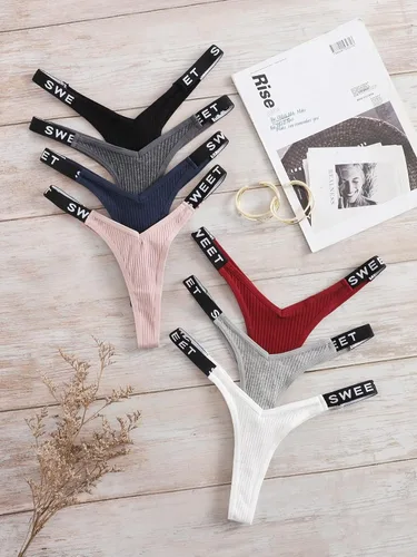 Vista 5 de Verdusa Conjunto sexy de 7 piezas de bragas con cinta con estampado de letras para mujer, ropa interior con cuerdas en V