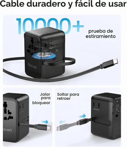 Vista 5 de Adaptador de viaje universal de 70 W, adaptador de corriente internacional Nekmit con cable de carga rápida USB C retráctil, enchufe de viaje de 6