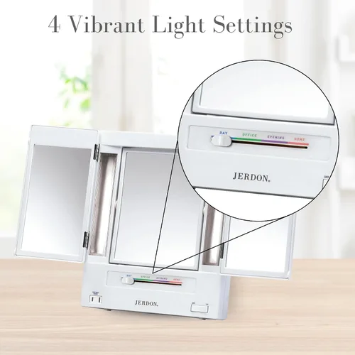 Vista 3 de JERDON Espejo de maquillaje de dos caras de tres pliegues con luces, espejo de tocador con aumento 5X-1X y múltiples ajustes de luz, color blanco