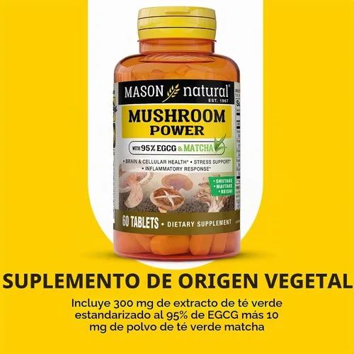 Vista 4 de MASON NATURAL Poder de hongos con 95% de EGCG y Matcha, fórmula a base de plantas con shiitake, maitake, reishi, 60 tabletas
