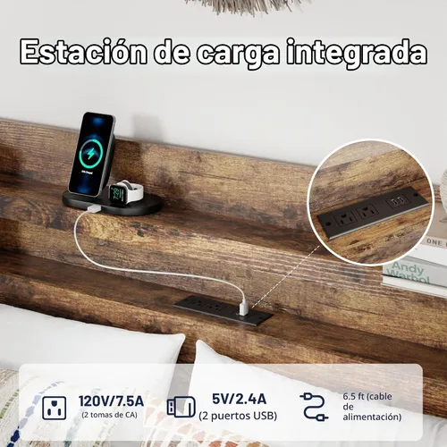 Vista 5 de Base de cama matrimonial con cabecera de almacenamiento y estación de carga, color marrón Platform Bed Frame, LED Lights, Wooden Slats