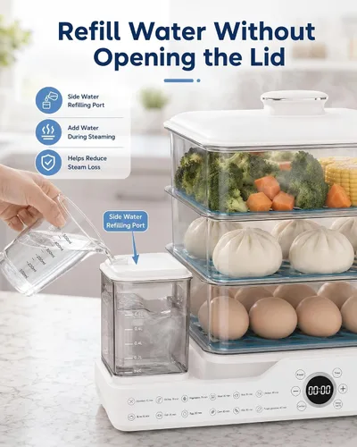Vista 6 de Vaporizador eléctrico de alimentos de 24 litros, vaporizador digital de 3 niveles con inicio de retraso de 24 horas, mantiene el calor, tanque