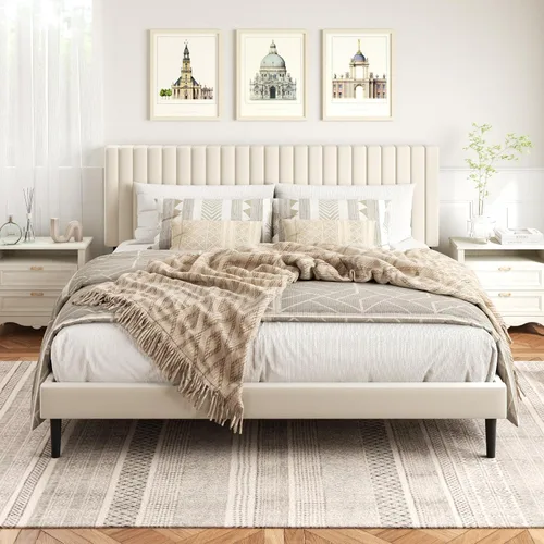 Vista 7 de HAOARA Base de cama de plataforma tamaño Queen con cabecera tapizada de terciopelo, marco de cama Queen con listones de madera fuertes, somier Beige