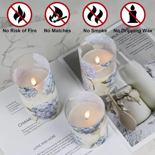 Vista 3 de Velas recargables de vidrio de hortensias sin llama con temporizador remoto, funciona con pilas, velas LED parpadeantes de cera real, decoración