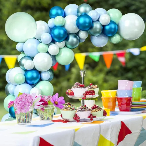 Vista 4 de Kit de guirnalda de globos de 125 piezas azul verde macarrón y globos azul metálico plateado para decoración de fiestas de cumpleaños, jubilación