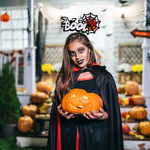 Vista 3 de TIMMOKO Diademas de Halloween para mujeres y niños, tela de araña negra, araña roja, blanco, murciélago, calavera, disfraz de fiesta de Halloween