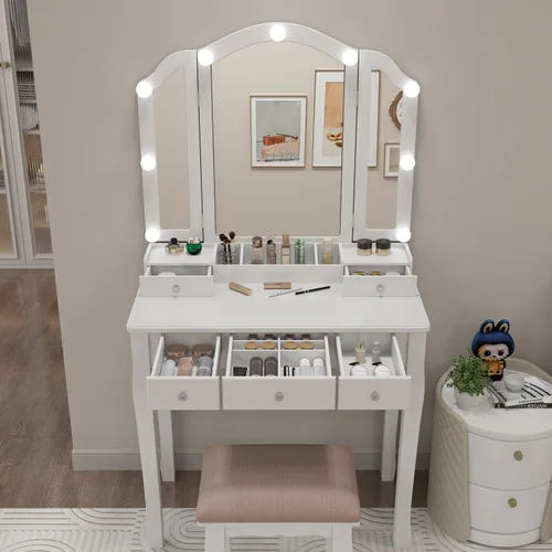 Vista 10 de Escritorio de tocador con espejo y luces de maquillaje con luces mesa con luz tocador de maquillaje con cajones negro juego de tocador para niñas