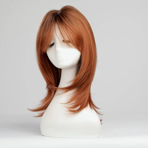 Vista 6 de HAIRCUBE Pelucas Auburn para Mujeres, Pelucas Largas en Capas Naranjas con Flequillo, Pelucas de Fibra Sintética Resistentes al Calor