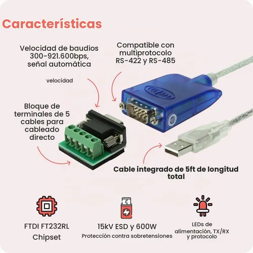 Vista 3 de Gearmo Adaptador RS485 a USB con indicadores LED, chipset FTDI, placa terminal, protección ESD, compatible con Windows 11, Linux, MacOS X