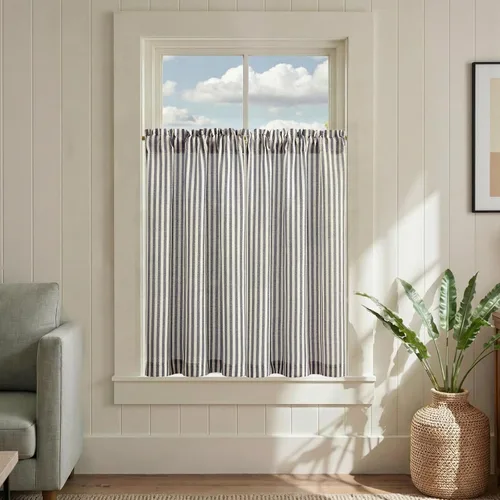Vista 10 de Jinchan - Cortinas de lino a rayas para cocina, 24 pulgadas, beige, 2