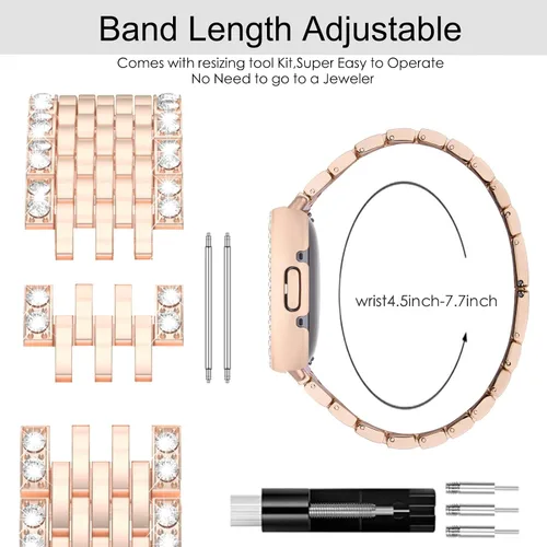 Vista 4 de MOFREE Compatible con Fitbit Versa 4 bandas/Fitbit Sense 2 bandas para mujeres con funda protectora de parachoques duro, joyería elegante pulsera