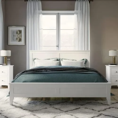 Vista 9 de Majnesvon Cama de plataforma de tamaño matrimonial con cabecera y estribo, cama de plataforma de madera maciza blanca de estilo conciso tradicional