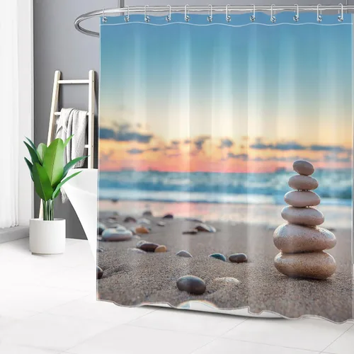 Vista 10 de LB Cortina de ducha asiática de piedra zen, cortina de ducha japonesa para baño, cortinas de baño de tela negra de 48 x 72 pulgadas con ganchos