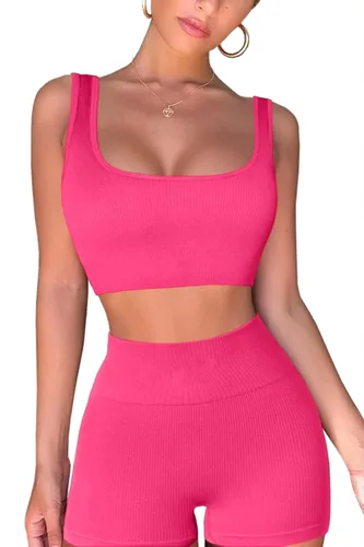 Vista 3 de QINSEN Conjuntos de entrenamiento para mujer, 2 piezas, sin costuras, camiseta acanalada sin mangas, pantalones cortos de cintura alta, atuendo