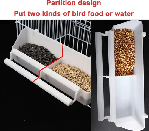 Vista 4 de Comedero para pájaros, dispensador de agua de semillas de plástico para loros, cacatúas, palomas, gorriones con 2 cucharas para pájaros Seed Water