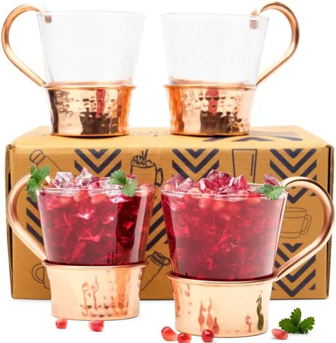 Vista 2 de Advanced Mixology Tazas de mula turca Juego de 4 Base de cobre 100% puro y vidrio Grado alimenticio Acabado martillado