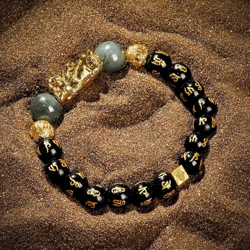 Vista 3 de KARMA AND LUCK - Cleansed Aura - Men's Wealth Genuine JadeOnyx Gemstones 18K Gold Plated Brass Dragon Charm Stretch Feng Shui Bracelet Handmade in