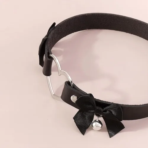 Vista 6 de Gargantilla de cuero con forma de corazón gótico, alas de murciélago, collar de gato, cadena de lazo punk, cascabel, cascabel, collar de cinta