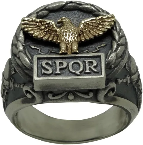 Vista 2 de Anillo de plata de ley y oro macizo amarillo de 10 quilates hecho a medida con águila del imperio romano SPQR Skull Biker para hombre