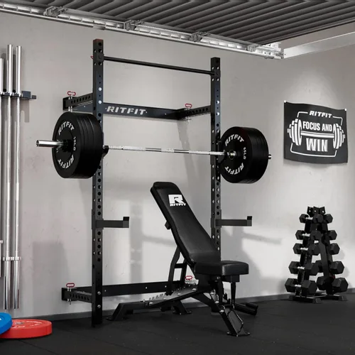 Vista 7 de RitFit 2.36'' x 2.36'' Folding Squat Rack for Home Gym, Wall Mounted Squat Rack with Attachments - Space Saving Squat Power Rack Negro