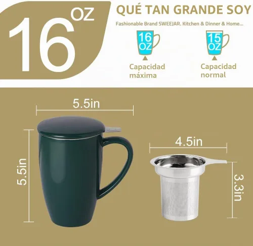Vista 5 de Sweejar Porcelain Tea Infuser Mug with Lid, 16 oz Teacup with Strainers for Loose Leaf Tea, Microwave and Dishwasher Safe Coffee Mug(Purple)
