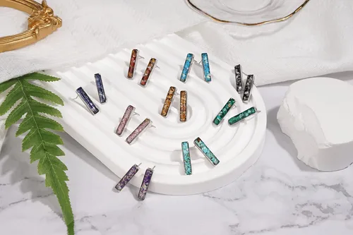 Vista 6 de Aretes de barra de piedras preciosas para mujer, delicados aretes de sodalita de malaquita turquesa y cristal curativo natural, aretes de barra