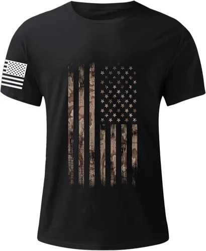 Vista 2 de 1776 - Camiseta de entrenamiento para hombre, con la bandera de Estados Unidos, cuello redondo, estilo militar, gimnasio, manga corta, camiseta