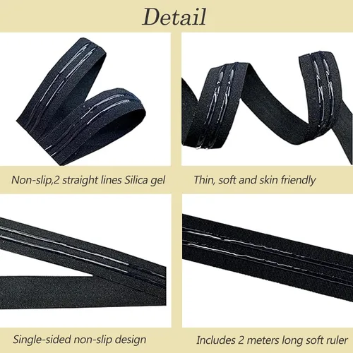 Vista 2 de Cinta elástica de agarre con respaldo de silicona doble de 0.591 in para accesorios de costura de ropa, 5 yardas por rollo (negro)