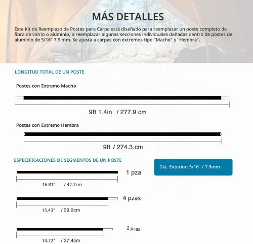 Vista 3 de Reemplazo de postes de aluminio para tienda, se adapta tanto a extremos hembra como macho, kit de reparación ligero de poste de tienda, aleación