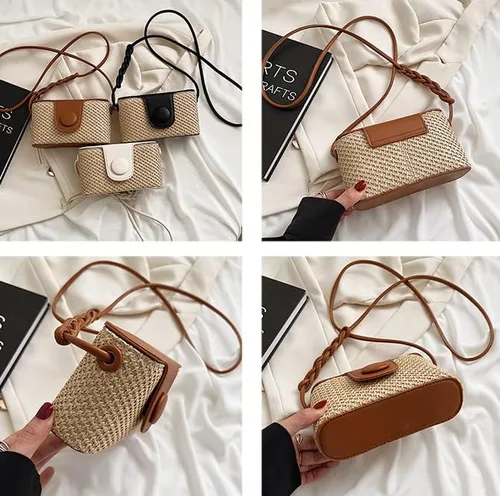 Vista 6 de Bolso Hobo de paja para mujer, bolso cruzado tejido para el hombro, bolso de mano, bolso pequeño para la playa