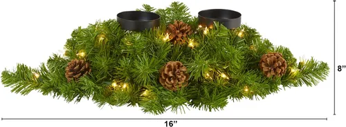 Vista 2 de Nearly Natural Candelabro doble de Navidad artificial de 24 pulgadas con 35 luces blancas cálidas y piñas