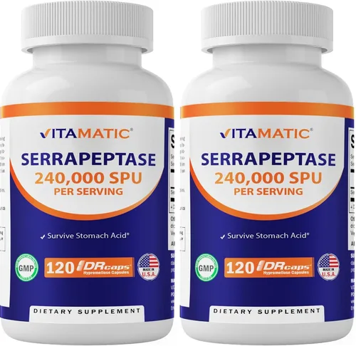 Vista 10 de Vitamatic Serrapeptase 240,000 SPU por porción, 120 cápsulas de liberación retardada - Recubrimiento entérico - Sin OGM - Fabricado en los Estados