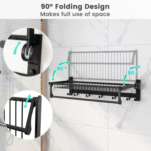 Vista 6 de Tangkula Estante de baño plegable, estante de baño montado en la pared con barra ajustable y ganchos móviles, organizador de aluminio a prueba