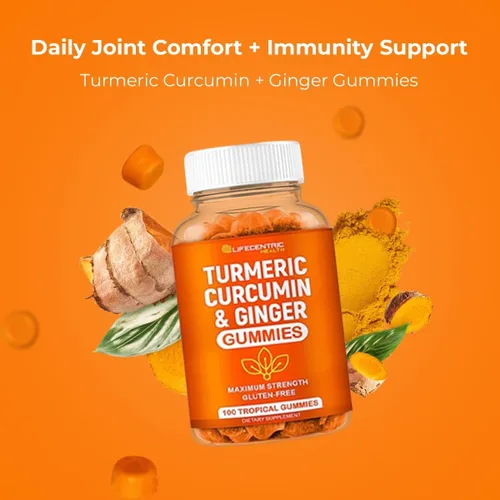 Vista 3 de Gomitas de cúrcuma para adultos y niños Max Strength Anti Inflamatoria Cúrcuma y Gomas de jengibre Suplemento Vegano orgánico Natural Cúrcuma