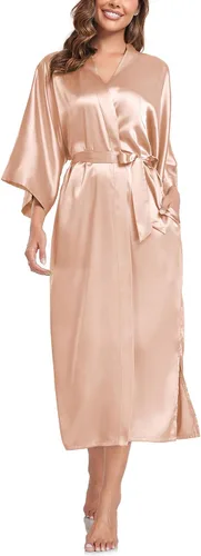 Vista 5 de SIORO Bata de seda para mujer, kimono largo, de satén, para damas de honor, ligera, suave, ropa de dormir de longitud completa, talla única