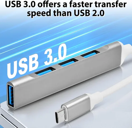 Vista 5 de QAJOPFN 4 puertos USB C a USB Hub, adaptador de aluminio tipo C a USB A 3.0, extensor USB Plug and Play para MacBook Pro/Air, laptop, teclado y mouse