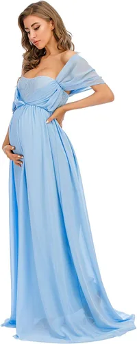 Vista 5 de ZIUMUDY Vestido de gasa de maternidad con hombros descubiertos para sesión de fotos, maxi vestido de encaje para baby shower, vestido de fiesta