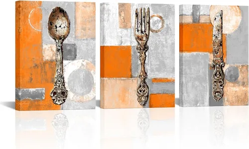 Vista 8 de sechars Cuadro de Cocina Vintage con Tenedor, Cuchillo y Cuchara en Azul y Gris, Pintura en Lienzo, Utensilios de Cocina, Impresión de Cuadro