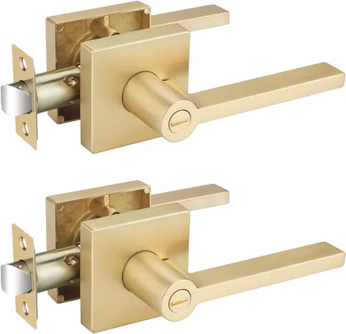 Vista 26 de EHOMEWARE Juego de manijas dobles para puerta delantera, paquete de 1 manija de puerta cuadrada de latón satinado, combinación de perilla de puerta
