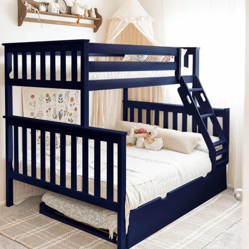 Vista 2 de Max & Lily Litera, marco de cama de madera individual sobre matrimonial para niños con nido, color azul