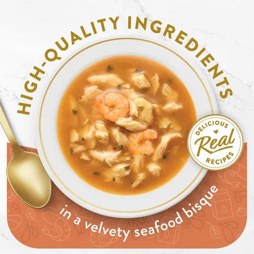 Vista 2 de Purina Fancy Feast Lickable - Aderezo en caldo de alimento húmedo para gatos con crema de mariscos y camarones (paquete de 16 unidades) bolsitas