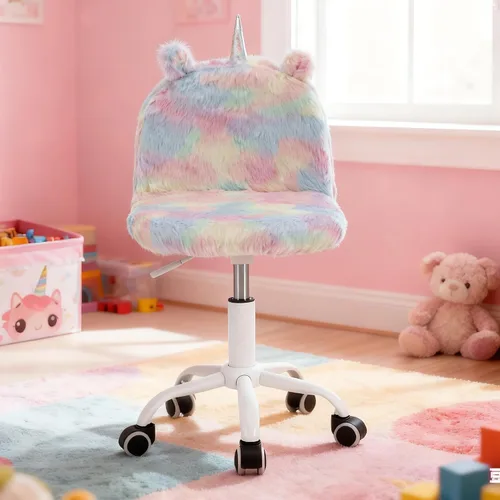 Vista 6 de Silla Linda y Peluda para Niños, Silla Divertida y Giratoria para Escritorio de Estudio, Silla de Tocador Colorida para Niñas, Silla Giratoria