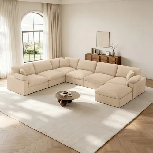 Vista 8 de Sofá modular Cloud para sala de estar, sofás de mezcla de lino en forma de L, modernos sofás de nube de asiento profundo, sofás seccionales Beige