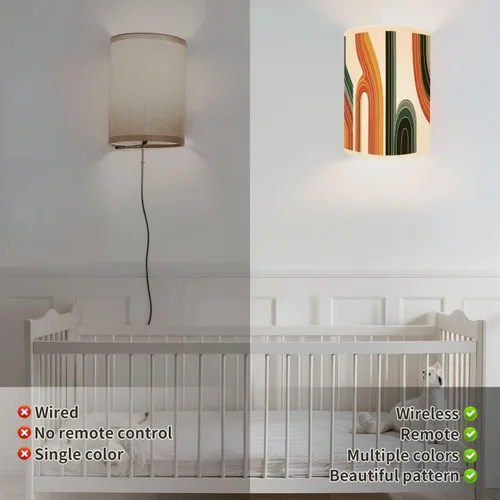 Vista 4 de Juego de dos apliques de pared con pilas, estilo retro, vintage, estilo años 70, líneas de póster, formas enchufables, accesorios de pared
