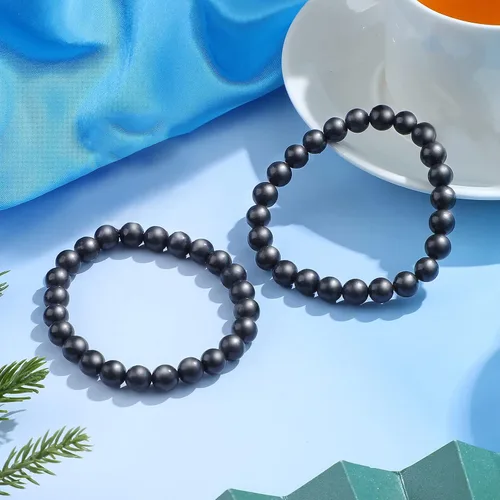 Vista 3 de Hicarer 2 pulseras de shungita negras con cuentas de shungita, piedras elásticas de cristal, joyería energética, poderoso defensor espiritual