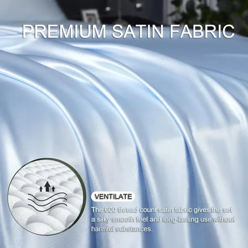 Vista 5 de Revdomfly Juego de 4 Piezas de Sábanas de Satén Azul Bebé de Tamaño Completo, Lujosas y Suaves como Seda, 1 Sábana Bajera Premium que Absorbe