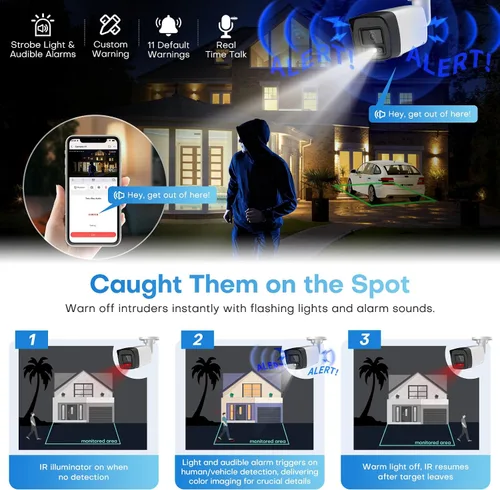 Vista 3 de Cámara Bullet PoE 4K para exteriores, cámara IP disuasoria activa de 8 MP, noche de color inteligente (98 pies), audio bidireccional, detección