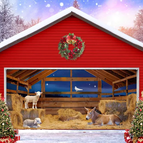 Vista 11 de Cubierta de puerta de garaje de Navidad de 6 x 8 pies, Papá Noel, retro, camión, nieve, árbol de Navidad, decoración de puerta de garaje, decoración